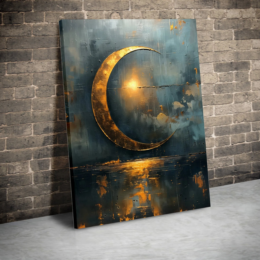 Abstract Golden Moon Canvas Wall Art | Celestial Sunset Reflection Print | Premium 1.25 Inch Gallery Wrap | Modern Home Decor Gift