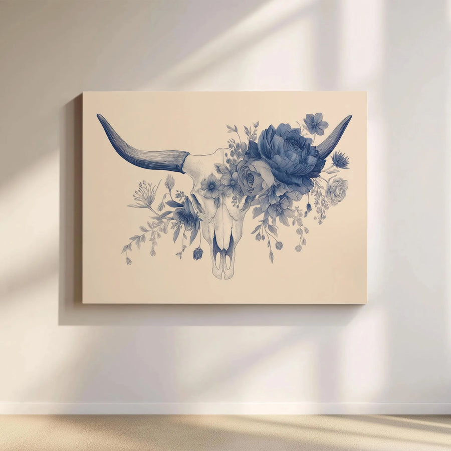 Floral Bull Skull Horizontal Canvas Wall Art | Boho Steer Horns Botanical Sketch | Premium 1.25” Gallery Wrap | Modern Southwest Desert Home Decor Gift