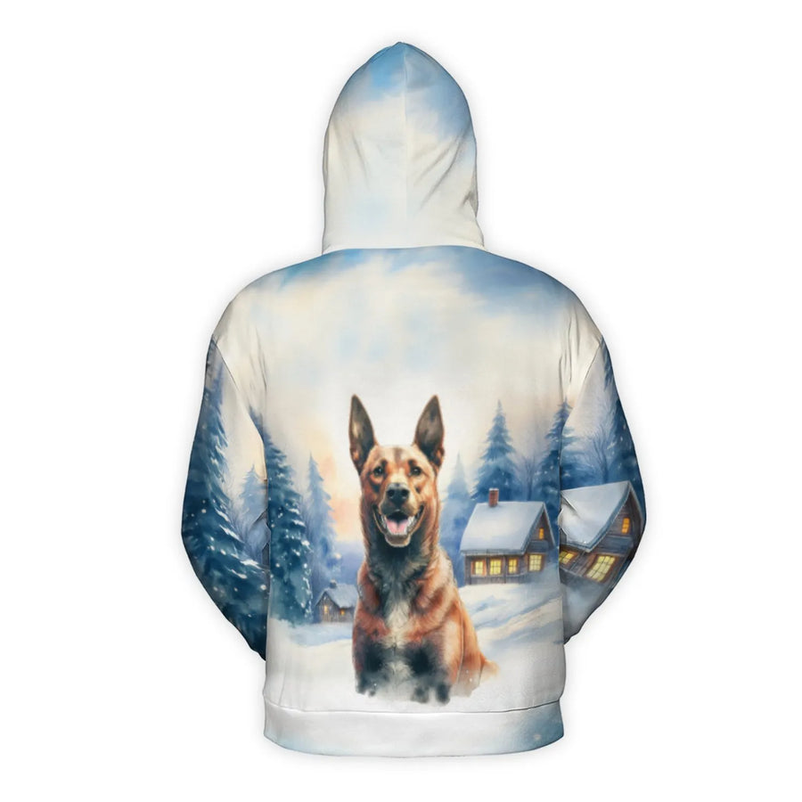 Australian Cattle Dog Hoodie | Snowy Winter Cabin Landscape | Premium Polyester Fleece | Gift For Dog Lovers & Pet Owners