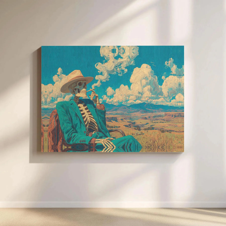 Skeleton Cowboy Canvas Wall Art | Psychedelic Western Landscape Print | Premium Thick Gallery Wrap | Unique Home Decor Gift