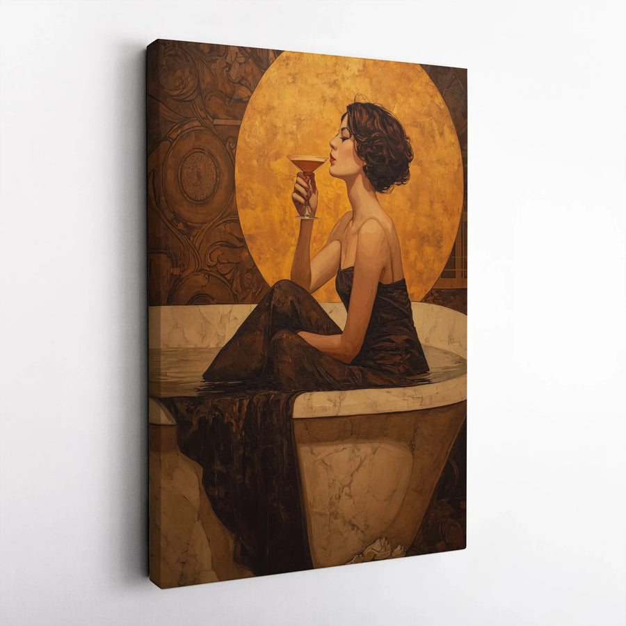 Art Deco Woman Portrait Canvas | Golden Sun Cocktail Gown Print | Premium Gallery Wrapped Wall Art | Elegant Home Decor Gift for Her