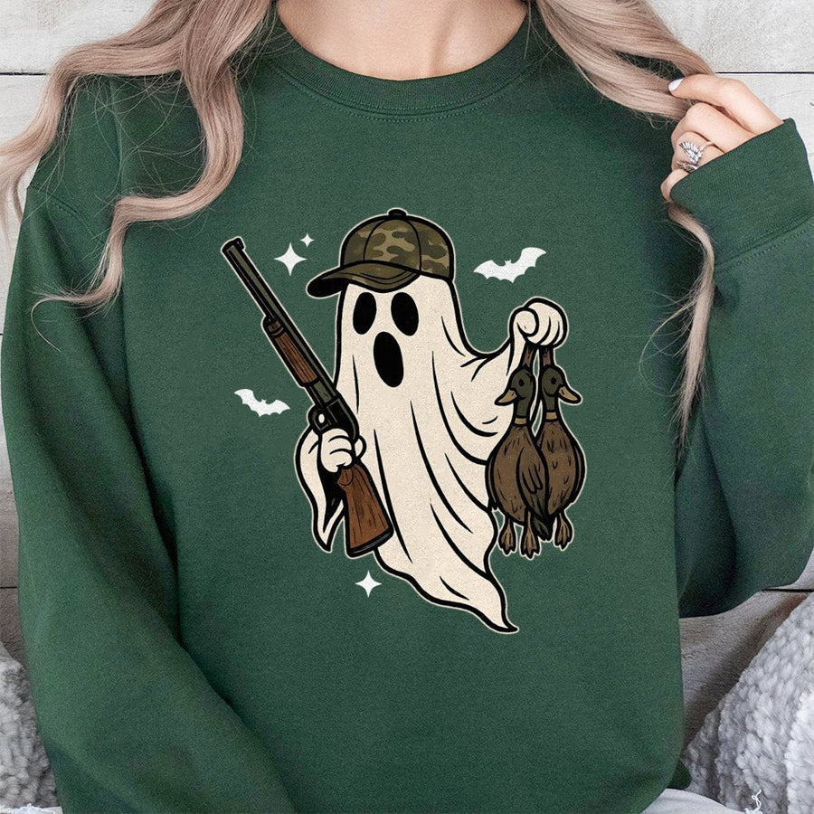 Ghost Duck Hunting Sweatshirt | Camo Hat Spooky Halloween Graphic | Cotton Blend Premium Crewneck | Funny Outdoorsman Hunter Gift for Him & Her