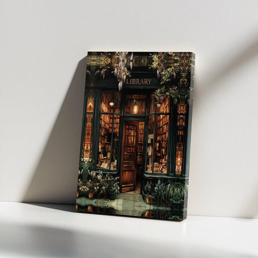 Library Canvas Wall Art | Cozy Bookstore Front Night View | Premium Gallery Wrap Print | Book Lover Gift Idea for Home Office Decor