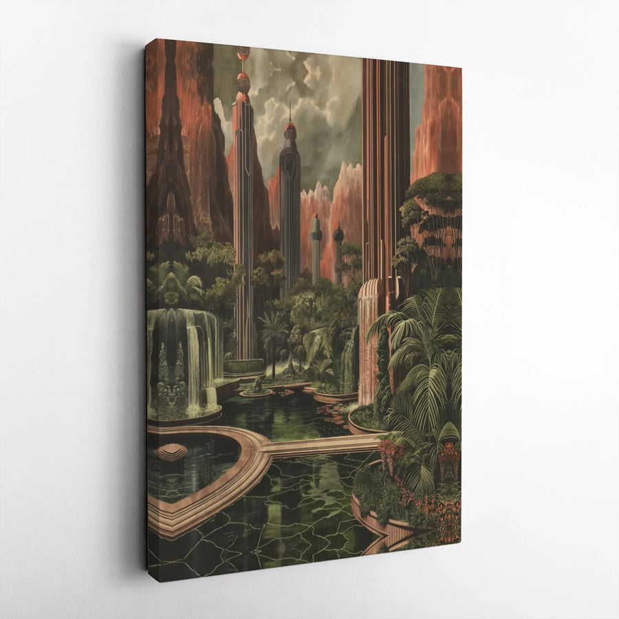 Futuristic Utopian City Canvas Art | Surreal Waterfall & Lush Garden Landscape | Premium Fade-Resistant Print | Modern Office or Home Decor