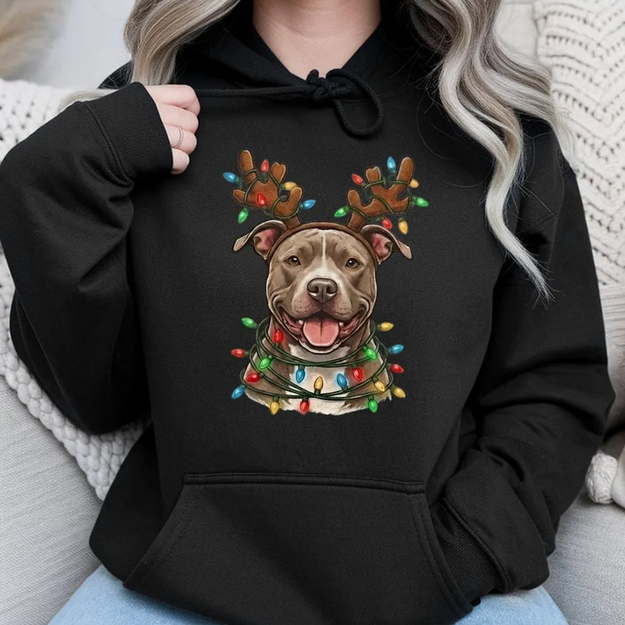 Pitbull Christmas Hoodie | Reindeer Antlers & Lights Graphic | Premium Cotton Blend | Funny Dog Mom Dad Holiday Gift