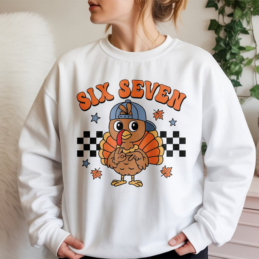 Six Seven Thanksgiving Turkey Sweatshirt | Retro Checkered Fall Graphic | Soft Cotton-Poly Blend | Cute Holiday Gift for Kids and Adults