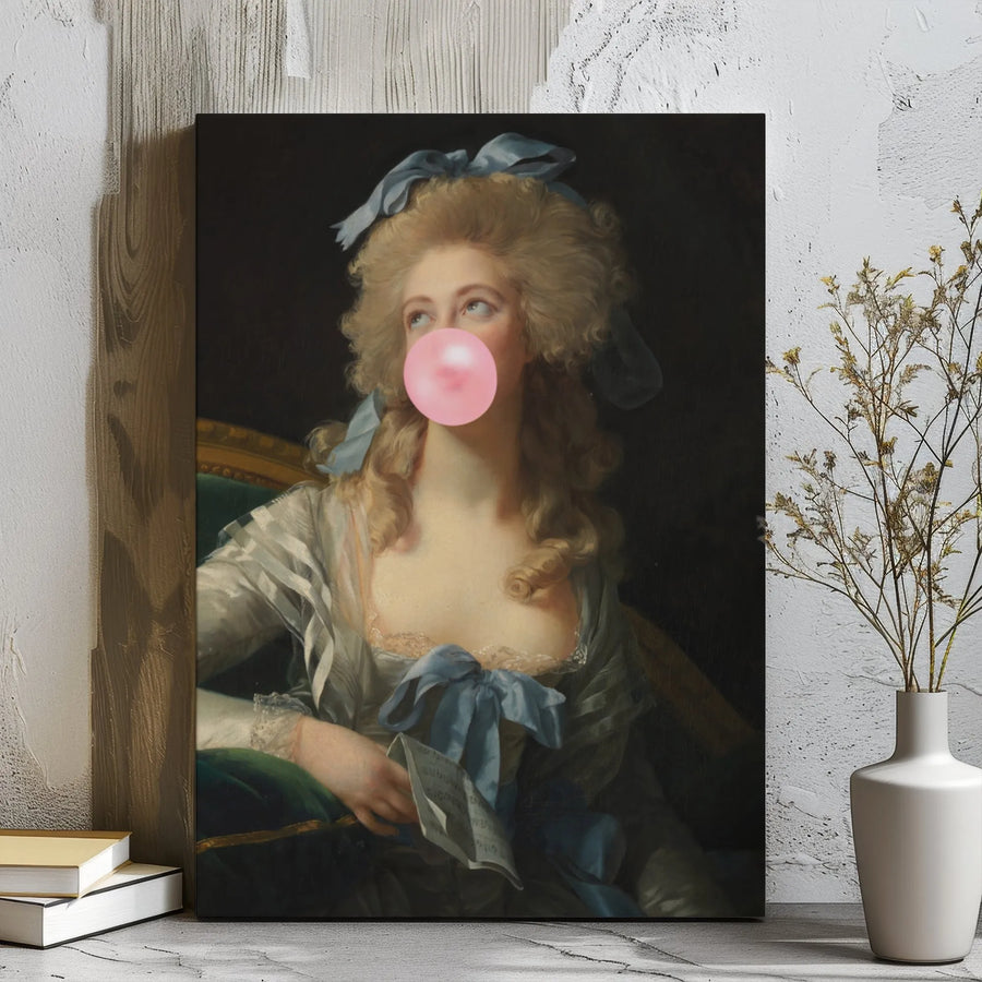 Classical Woman Portrait Canvas | Bubble Gum Pop Art Wall Decor | 1.25 Inch Gallery Wrap | Edgy Baroque Fine Art Gift for Home Office