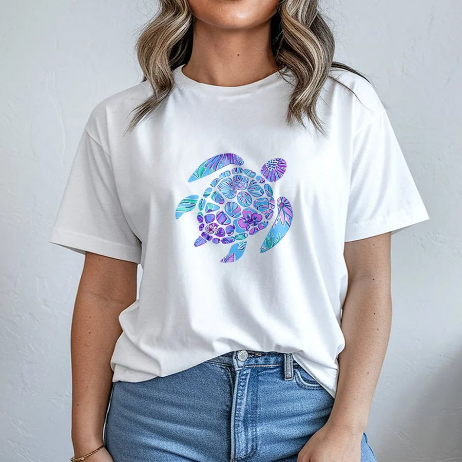 Floral Sea Turtle T-Shirt | Colorful Marine Life Graphic Sweatshirt | Soft Cotton-Blend Pullover | Coastal Beach Gift for Ocean Lovers