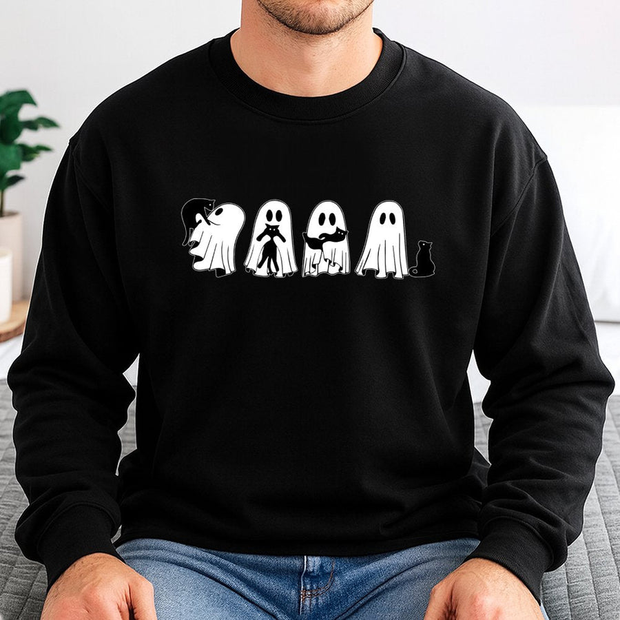 Ghost Cat Crewneck Sweatshirt | Cute Halloween Ghost Pets Graphic | Soft Cotton Blend Unisex Pullover | Spooky Season Gift For Pet Lovers