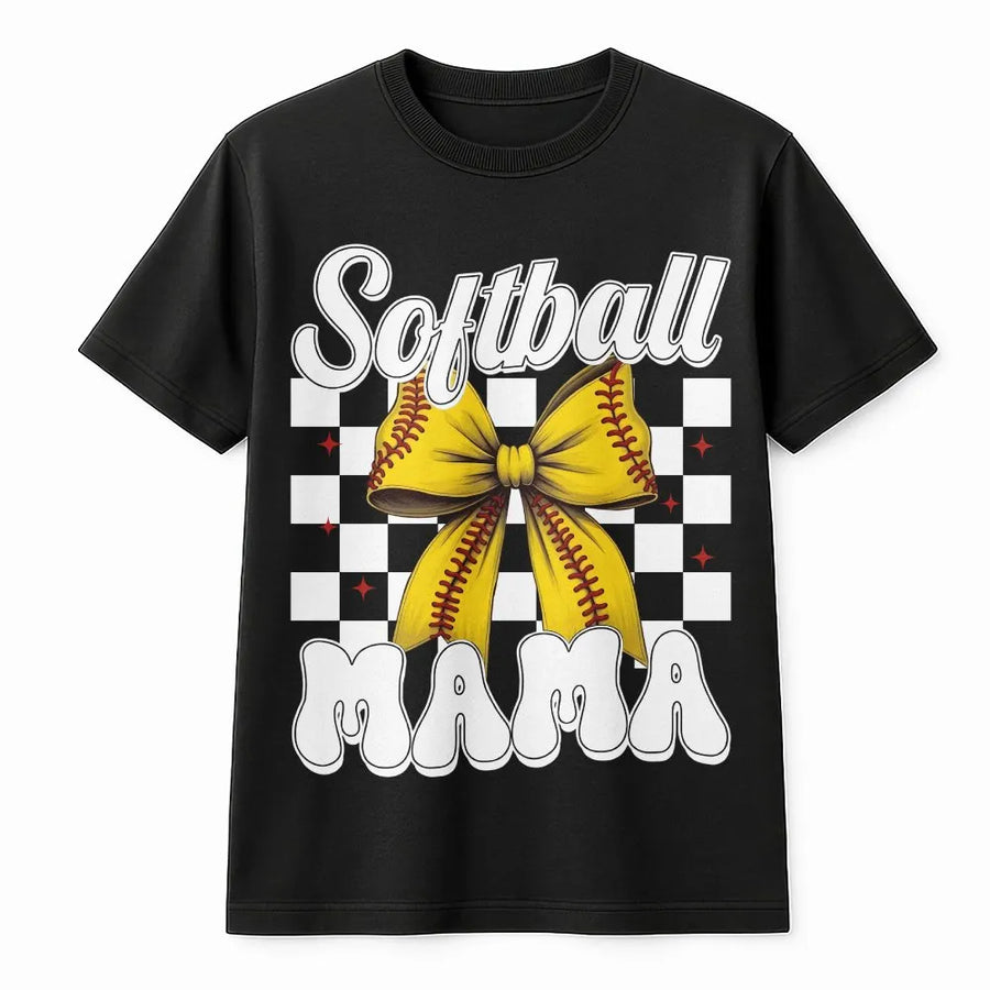 Softball Mama T-Shirt | Retro Checkered Bow Game Day Graphic | 100% Cotton Premium Tee | Gift for Baseball Softball Mom