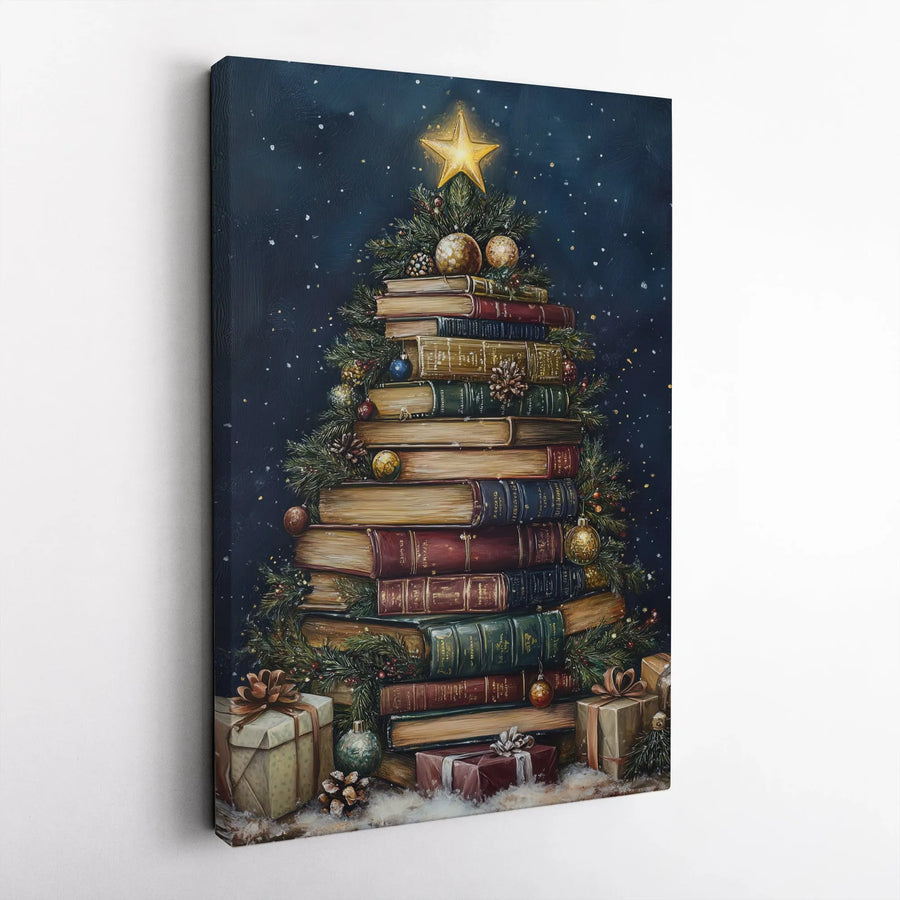 Christmas Tree Made Of Books Canvas Print | Vintage Library Holiday Wall Art | Premium Gallery Wrapped Decor | Book Lover Christmas Gift
