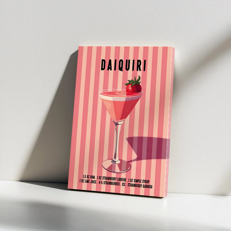 Strawberry Daiquiri Cocktail Recipe Canvas | Retro Minimalist Kitchen Wall Art | Premium Gallery Wrapped Decor | Perfect Gift For Home Bar Enthusiasts
