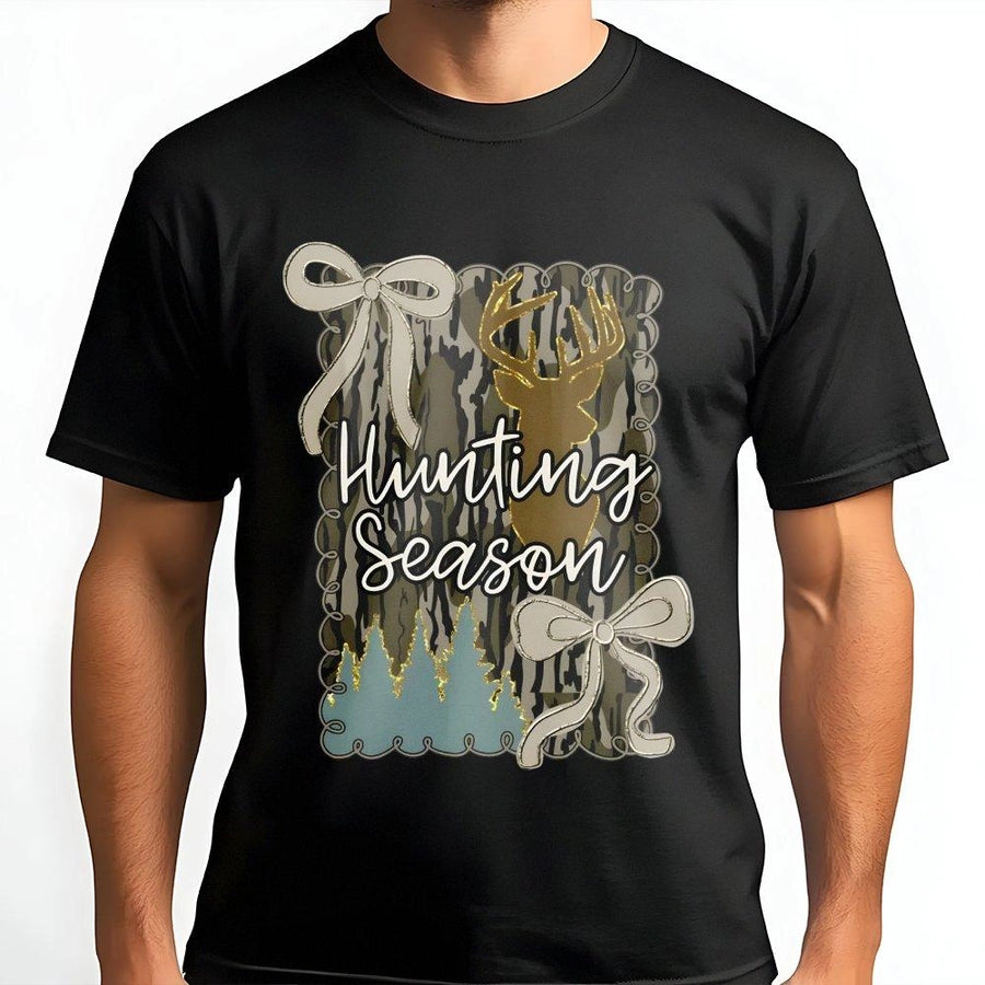 Hunting Season T-Shirt | Coquette Bow and Camo Deer Print | Premium 100% Cotton | Stylish Fall Outfit for Outdoor Enthusiasts