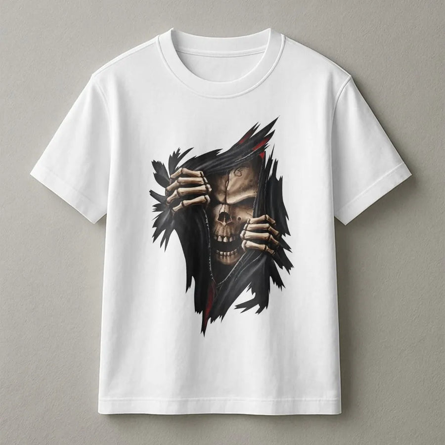 Skeleton Skull T-Shirt | Ripping Fabric 3D Graphic | Premium Breathable Cotton | Edgy Biker Gift For Men