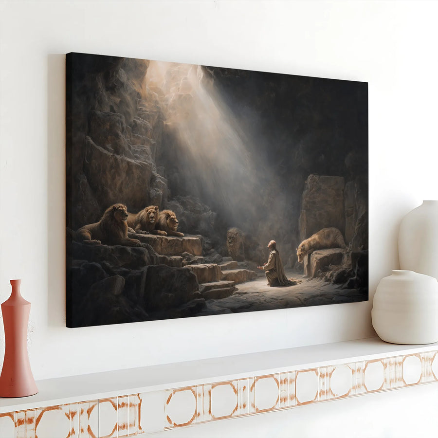 Daniel in the Lions Den Canvas Wall Art | Bible Story Painting | Premium Gallery Wrap | Christian Home Decor Gift