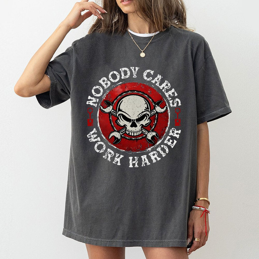 Nobody Cares Work Harder T-Shirt | Distressed Skull and Wrench Mechanic Design | 100% Cotton Premium Tee | Motivational Gift for Men and Blue Collar Workers