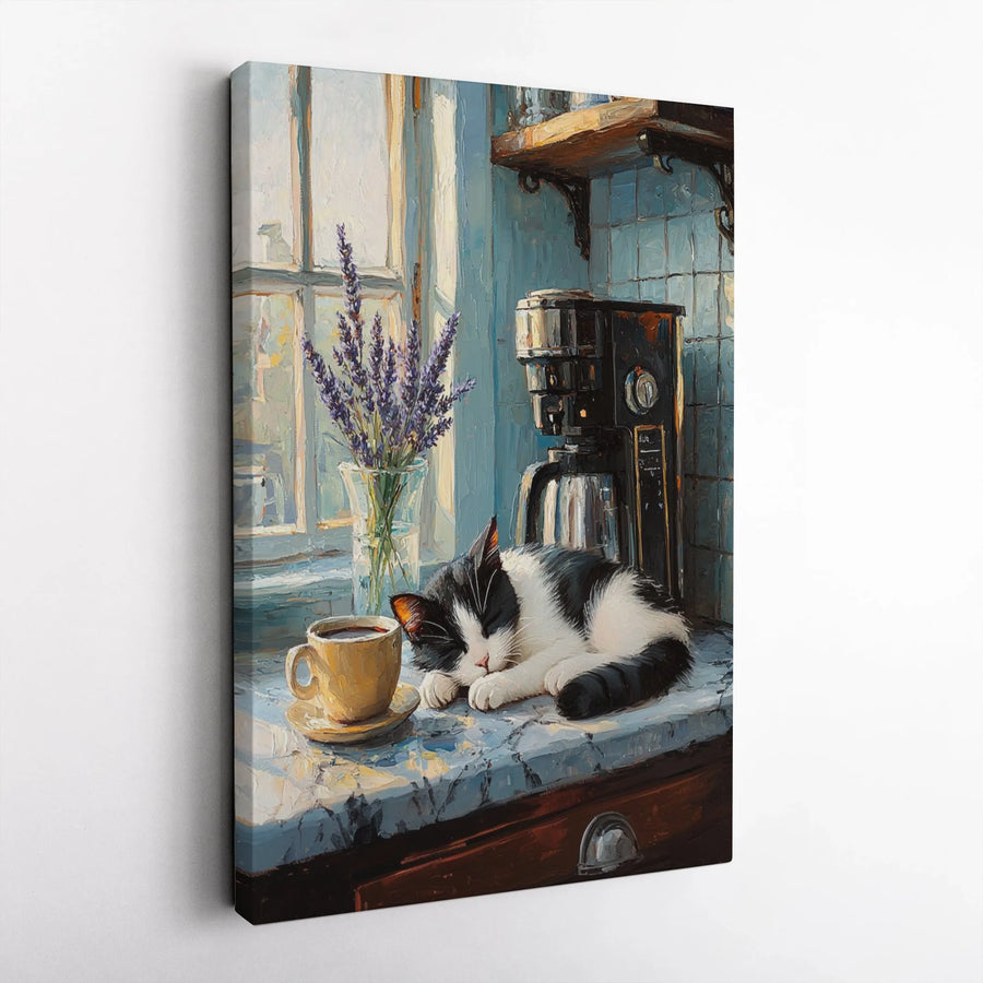 Sleeping Cat Canvas Art | Impressionist Kitchen Decor with Lavender and Coffee | Premium 1.25-Inch Gallery Wrap | Cozy Home Wall Decor Gift