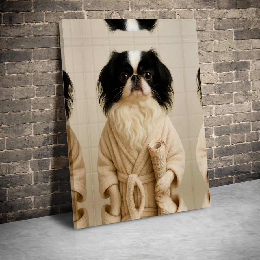 Japanese Chin Dog Wall Art | Funny Bathrobe & Newspaper Portrait | Premium Gallery Canvas | Unique Pet Lover Gift Decor