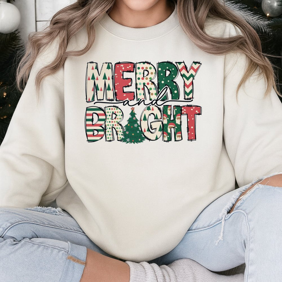Merry and Bright Sweatshirt | Festive Holiday Tree Graphic | Premium Cotton Blend Comfort | Unisex Christmas Gift for Family and Friends