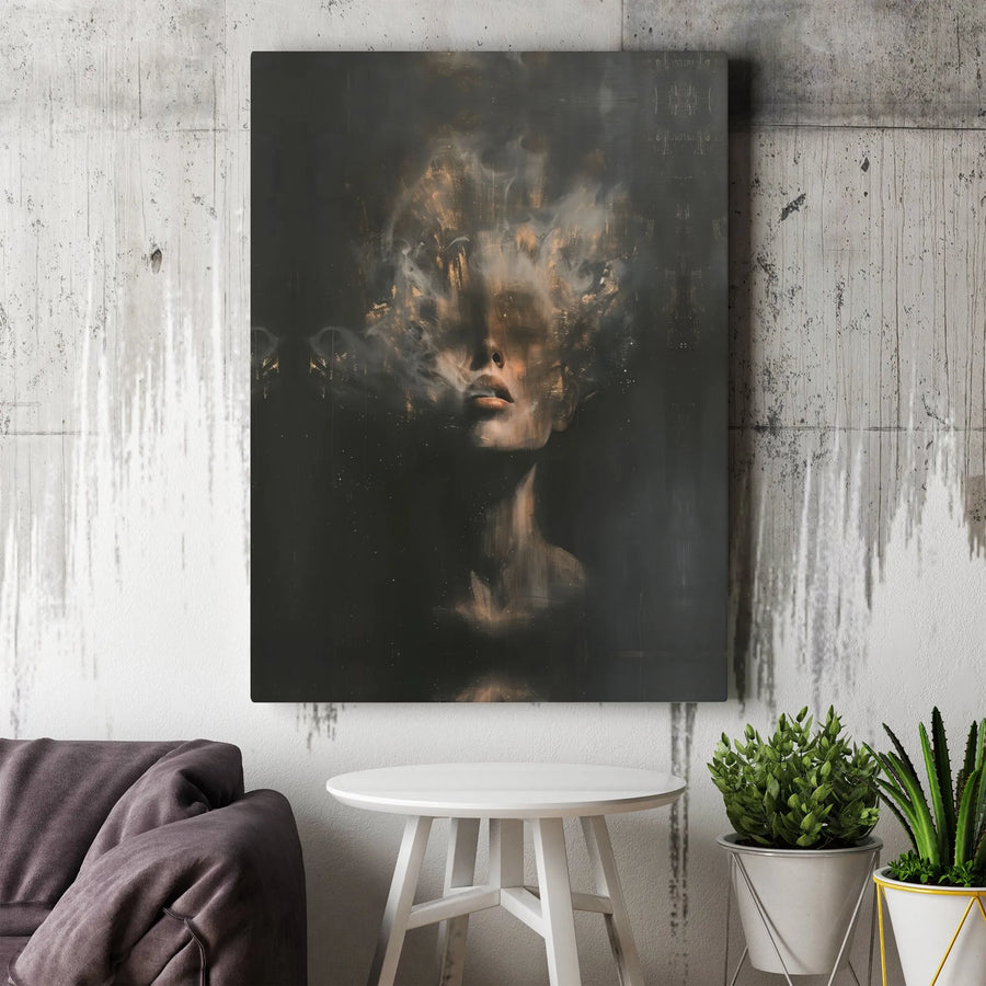 Abstract Woman Portrait Canvas | Smoky Gold Artistic Wall Art | 1.25 Inch Gallery Wrap | Modern Home Office Decor Gift