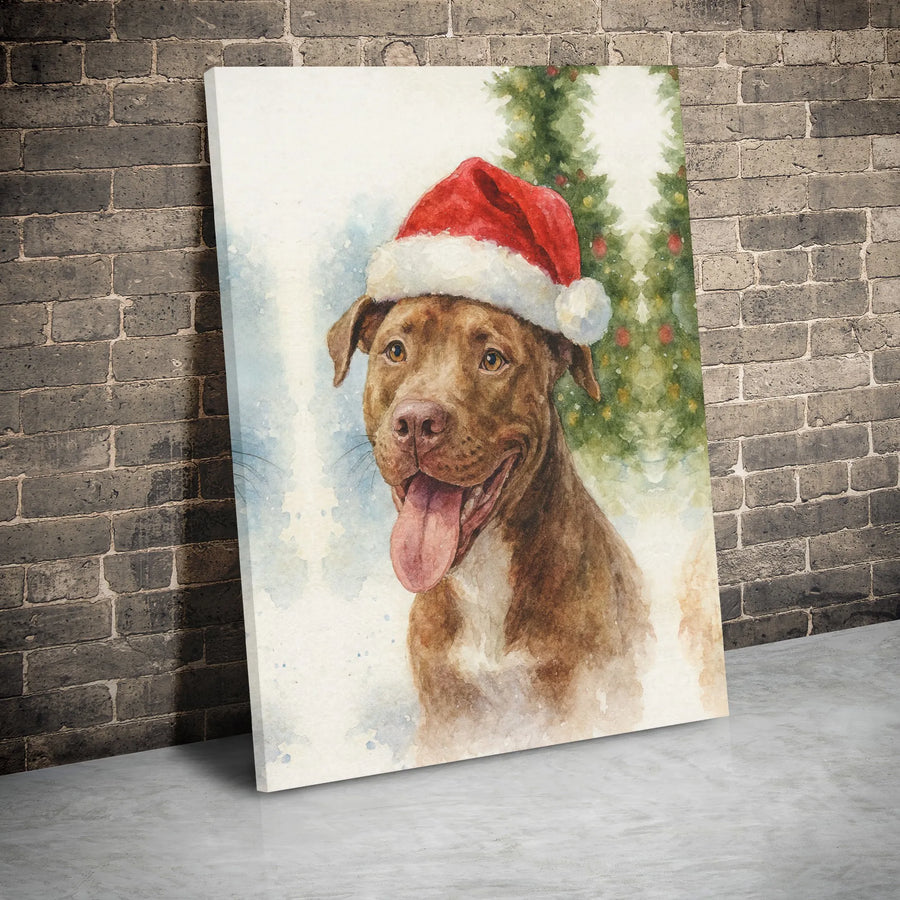 Pit Bull Wall Art | Watercolor Christmas Dog in Santa Hat | Premium Gallery Wrapped Canvas | Holiday Pet Lover Gift Decor
