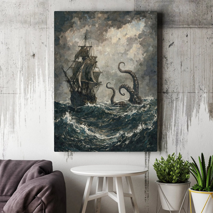 Kraken Sea Monster Canvas Art | Vintage Nautical Storm Painting | Premium Gallery-Wrapped Print | Wall Decor for Office or Living Room