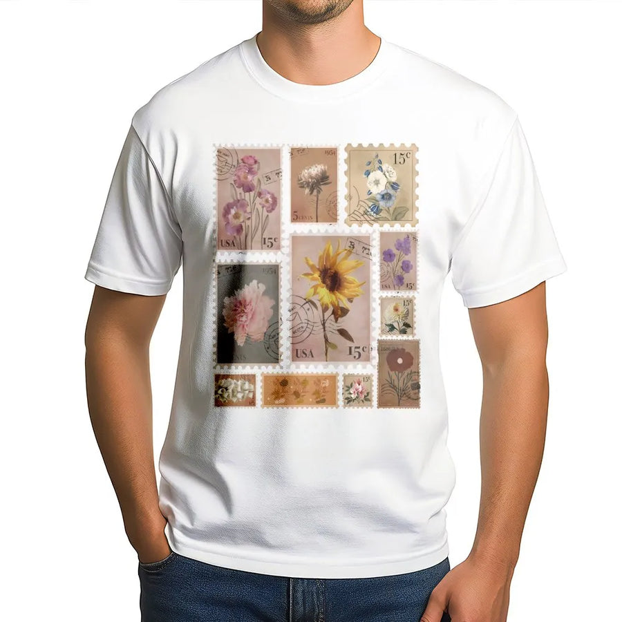 Vintage Floral Stamp T-Shirt | Retro Postage Stamp Wildflower Graphic | Premium Soft Blend Pullover | Cottagecore Aesthetic Gift for Gardener