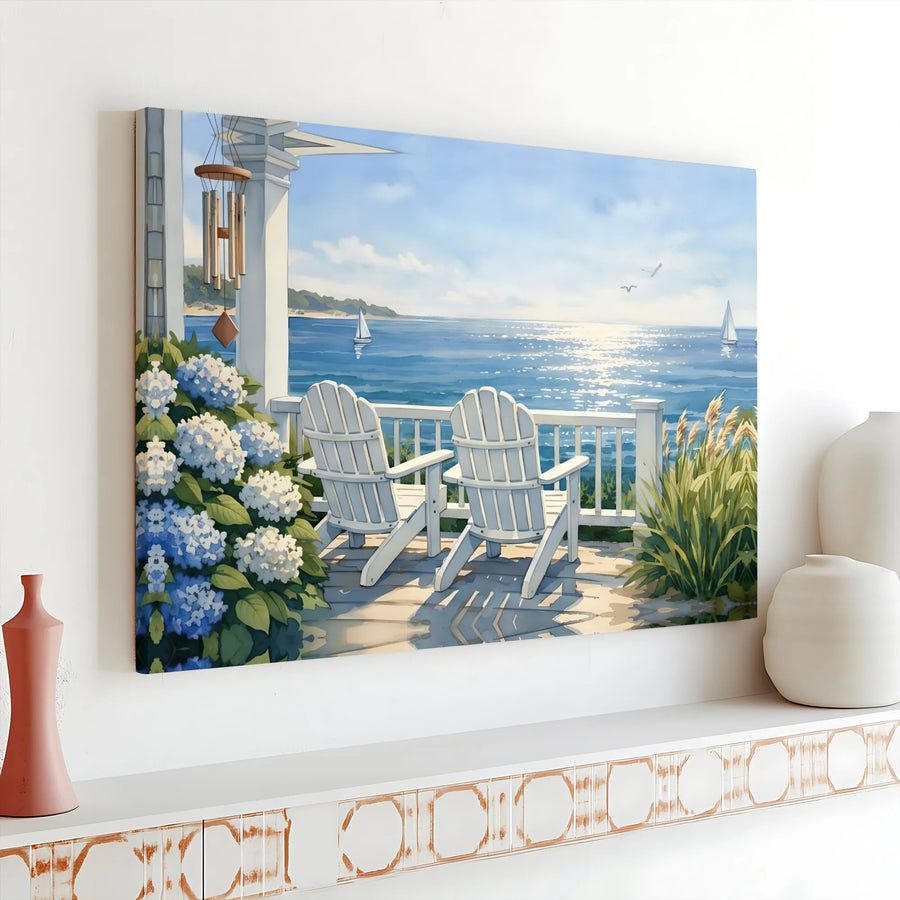 Serene Ocean View Canvas Wall Art | Adirondack Chairs on Porch Painting | Premium Fade-Resistant Print | Nautical Beach House Decor Gift