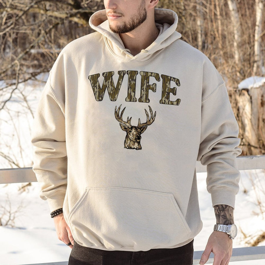 Wife Deer Hunting Hoodie | Camo Text Graphic Sweatshirt | Premium Cotton Blend | Gift For Hunter Wife Or Outdoorswoman