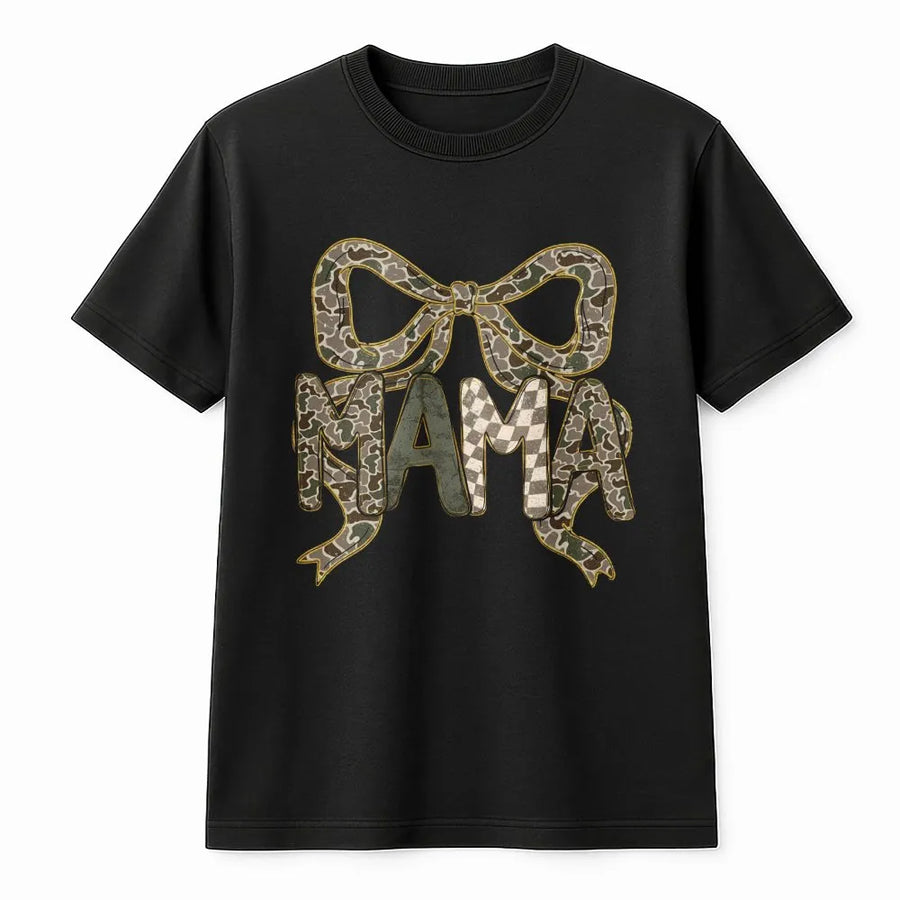 Mama Camo Bow T-Shirt | Trendy Leopard Print Ribbon Graphic | Premium Soft Cotton Tee | Cute Mother's Day 2026 Gift For Mom