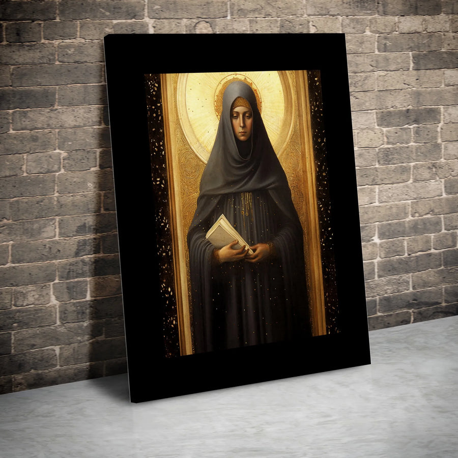 Religious Saint Wall Art | Golden Halo Nun With Book Portrait | Premium Gallery Canvas | Spiritual Home Decor Gift