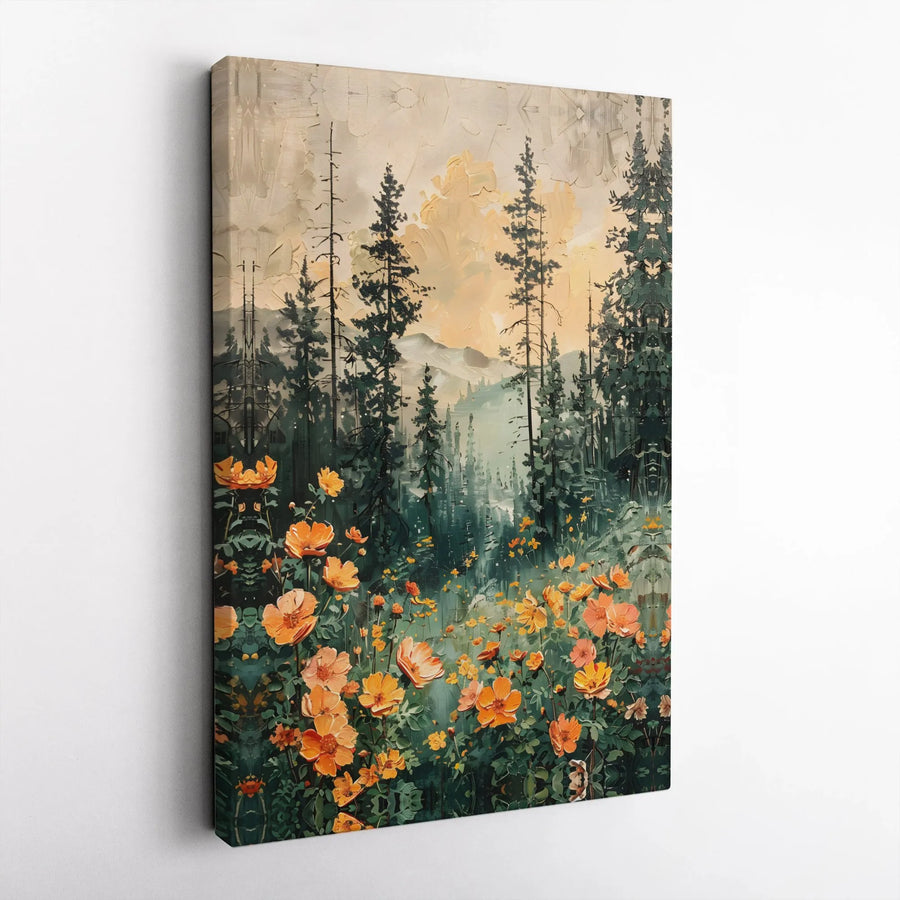 Wildflower Forest Canvas Wall Art | Textured Impasto Mountain Landscape | Gallery Wrapped 1.25" Profile | Premium Home Decor Print