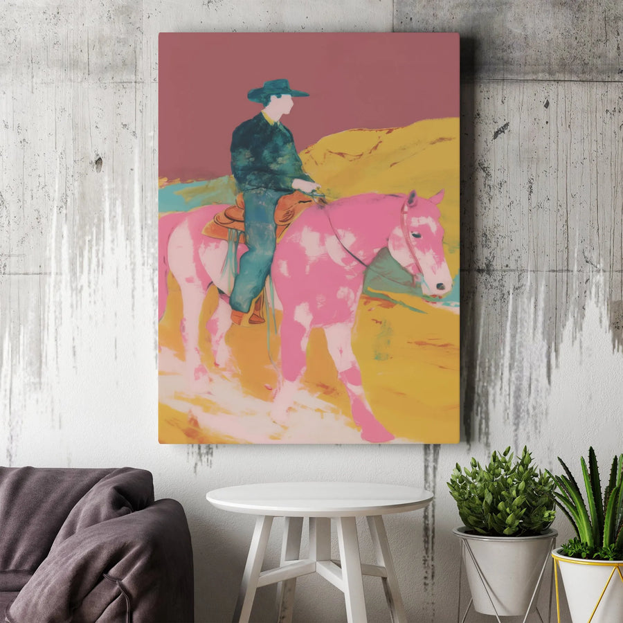 Abstract Cowboy Vertical Canvas | Pop Art Pink Horse Painting | Premium Gallery Wrapped Canvas | Modern Western Decor Gift for Art Lover