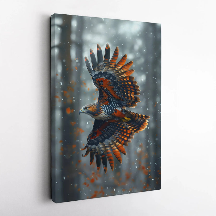 Hawk Canvas Wall Art | Snowy Forest Bird Of Prey Portrait | Gallery Wrap Premium Print | Wildlife Home Decor Gift For Nature Lovers