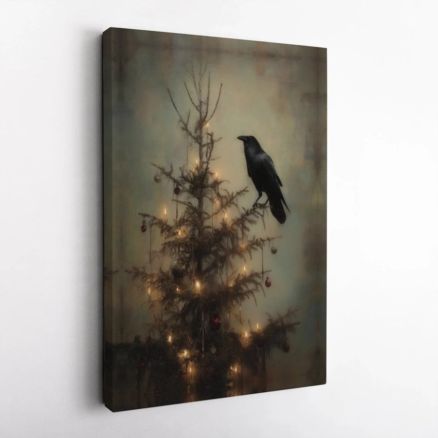Gothic Raven Christmas Canvas Wall Art | Dark Academia Holiday Tree Decor | Gallery Wrap Premium Print | Moody Winter Gift for Home