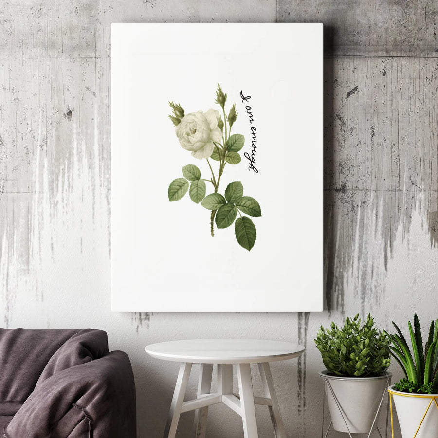 I Am Enough Floral Wall Art | Vintage Botanical White Rose Canvas | Premium Gallery-Wrapped Print | Inspirational Bedroom Decor Gift