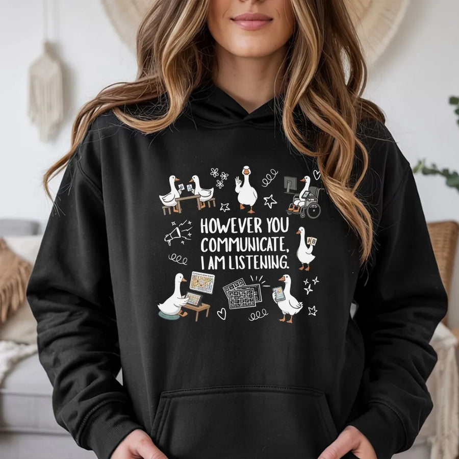 SPED Teacher Hoodie | AAC Communication Goose Graphic | Premium Soft Pullover | Gift for SLP Therapist & Special Ed Advocate