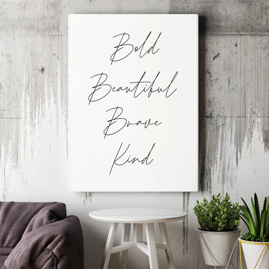 Bold Beautiful Brave Kind Canvas Wall Art | Minimalist Script Typography | Premium 1.25" Thick Gallery Wrap | Inspirational Gift for Women, Office Decor