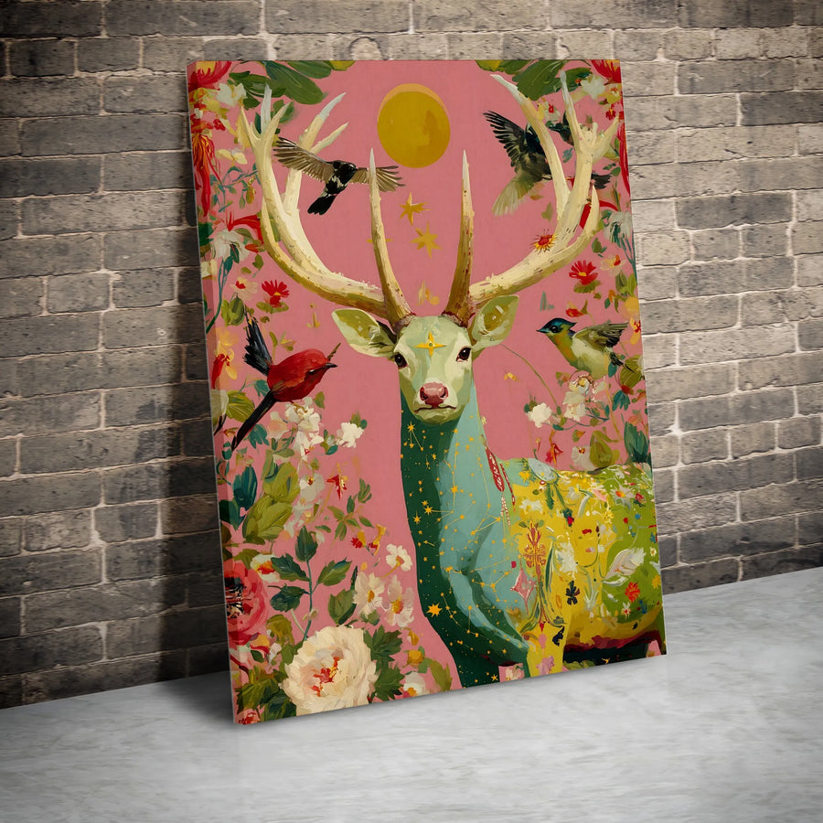 Celestial Deer Vertical Canvas | Mystical Stag & Floral Bird Painting | Premium Gallery Wrap Wall Art | Boho Home Decor Collector's Gift