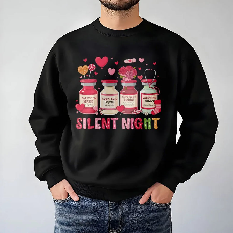 Silent Night Nurse Sweatshirt | Funny Valentine Medical Heart Vials Graphic | Premium Cotton Blend | Gift for RN LPN CNA Student
