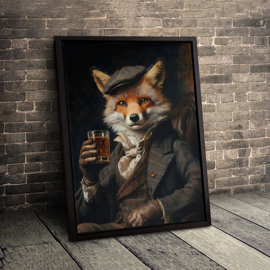 Dapper Fox Wall Art | Gentleman Animal Portrait with Whiskey | Premium 1.25-inch Canvas Print | Unique Office Decor Gift for Him