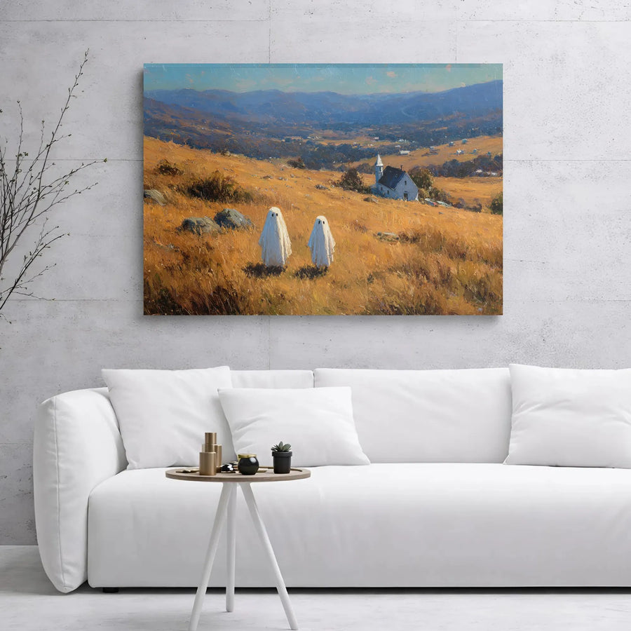 Ghost Canvas Wall Art | Whimsical Spooky Meadow Landscape | Premium Gallery Wrap Print | Halloween Home Decor for Gothic Lovers
