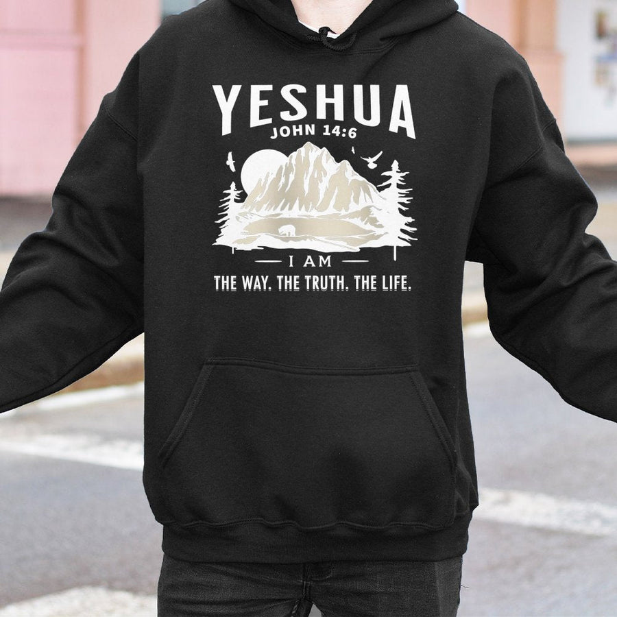 Yeshua Christian Hoodie | John 14:6 Mountain Bible Verse Graphic | Premium Cotton Blend | Inspirational Faith Gift for Men and Women