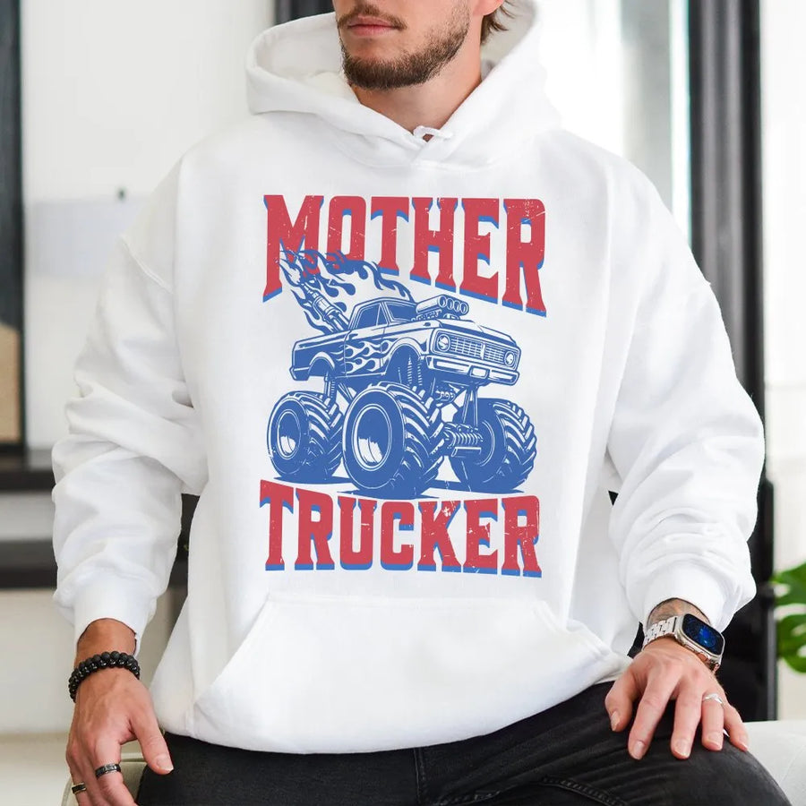 Mother Trucker Hoodie | Funny Monster Truck Graphic | Premium Cotton Blend | Gift For Mom Of Boys Birthday Present