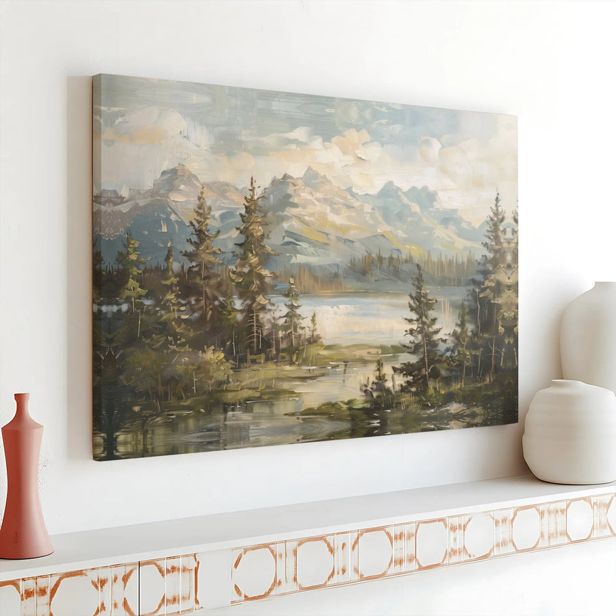 Mountain Landscape Canvas Print | Vintage Oil Painting Style Forest Lake | Premium Gallery Wrapped Canvas | Cabin & Lodge Living Room Decor Gift