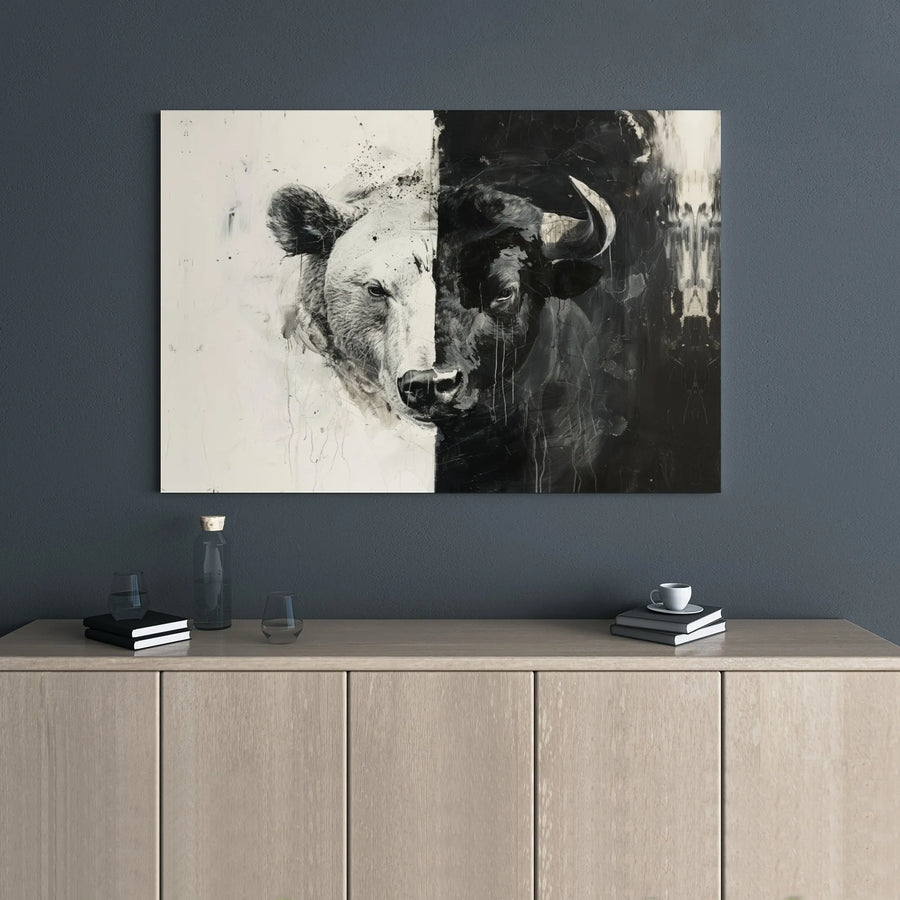 Bull and Bear Canvas Art | Split Face Stock Market Wall Decor | Premium 1.25 Inch Gallery Wrap | Trading Office Gift for Investors