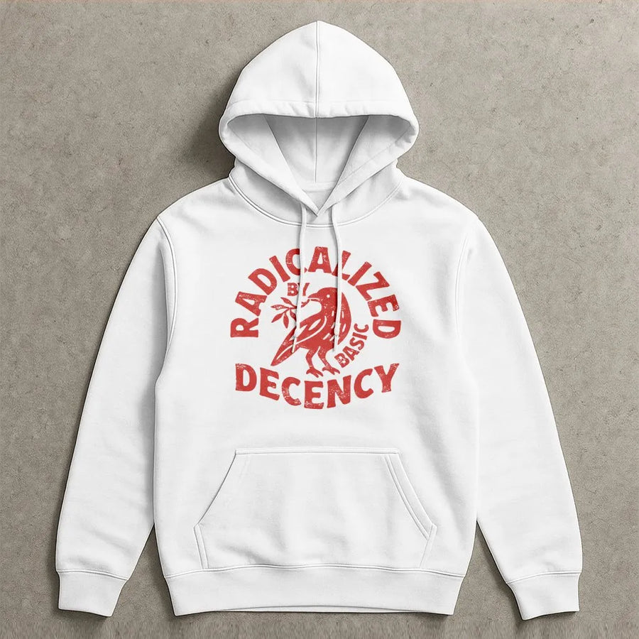 Radicalized By Basic Decency Hoodie | Vintage Peace Dove Graphic | Premium Cotton Blend | Political Humor Gift for Activists