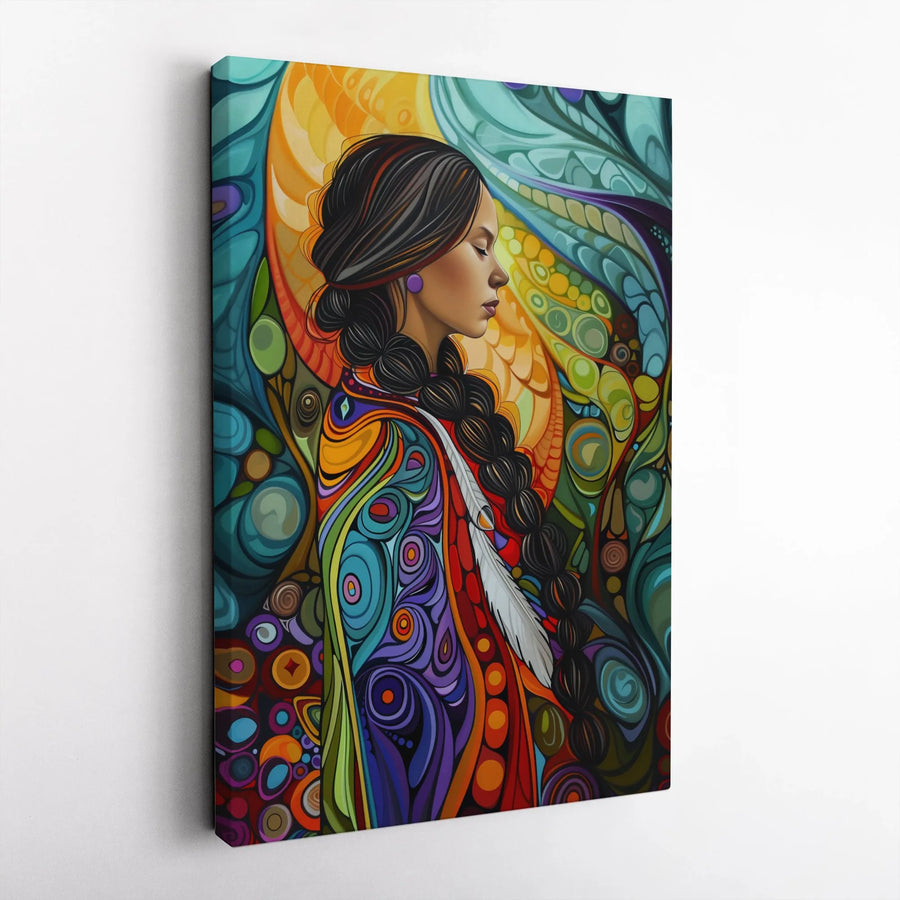 Indigenous Woman Canvas Art | Vibrant Abstract Portrait with Feather | Thick Gallery Wrapped Canvas | Modern Spiritual Home Decor Gift