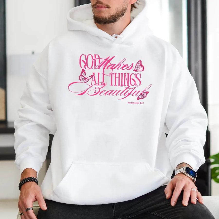 God Makes All Things Beautiful Hoodie | Butterfly Christian Graphic | Soft Cotton-Blend Premium Quality | Religious Gift for Women and Men