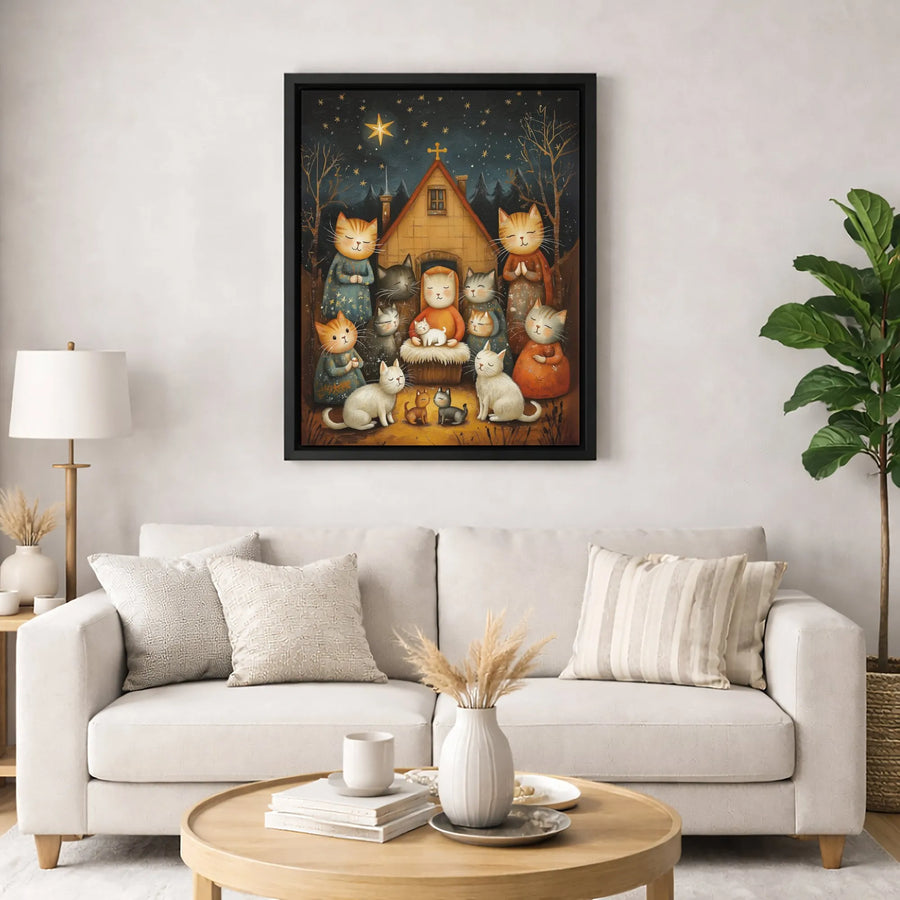 Cat Nativity Wall Art | Whimsical Kitten Christmas Scene | Premium Gallery-Wrapped Canvas Print | Religious Holiday Home Decor Gift
